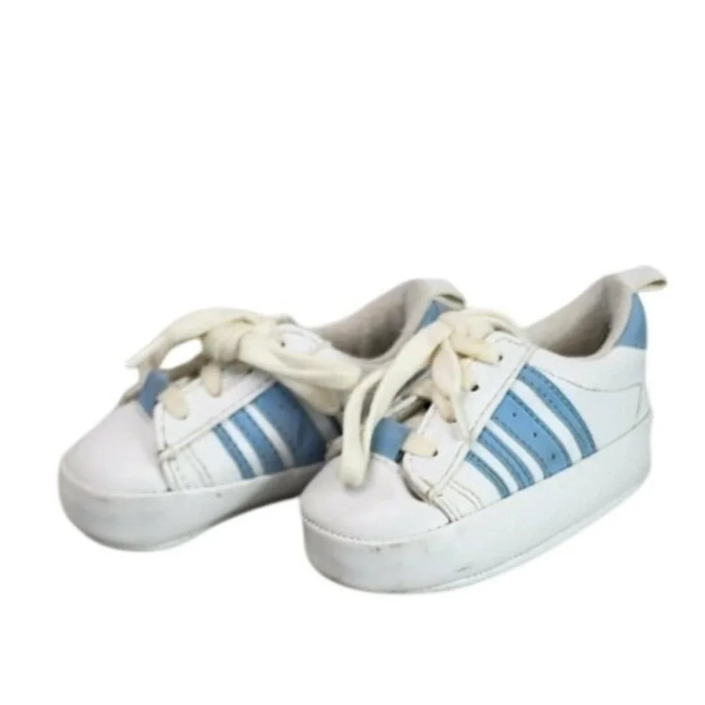 Baby Boys Girls White Blue Striped‎ Sneakers Crib Shoes Size Infant Toddler